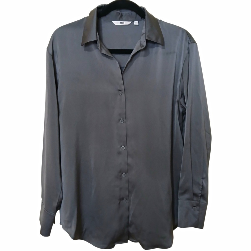 UNIQLO Women Satin Long Sleeve Shirt Gray Button Front Silky Blouse Small New